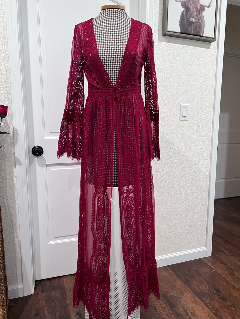 Band of Gypsies Sheer Lace Maxi Duster V Neck Crochet Lace Crimson